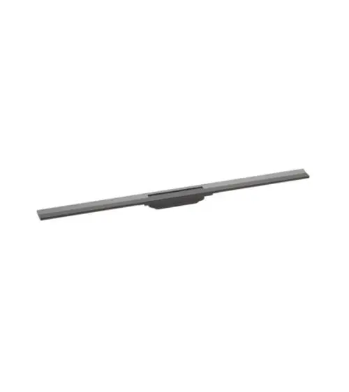 Duschrinne von Hansgrohe in schmaler, länglicher Form, mit gebürstetem schwarzen Chrom-Finish. Der Mittelbereich ist zur besseren Wasserversorgung geformt.